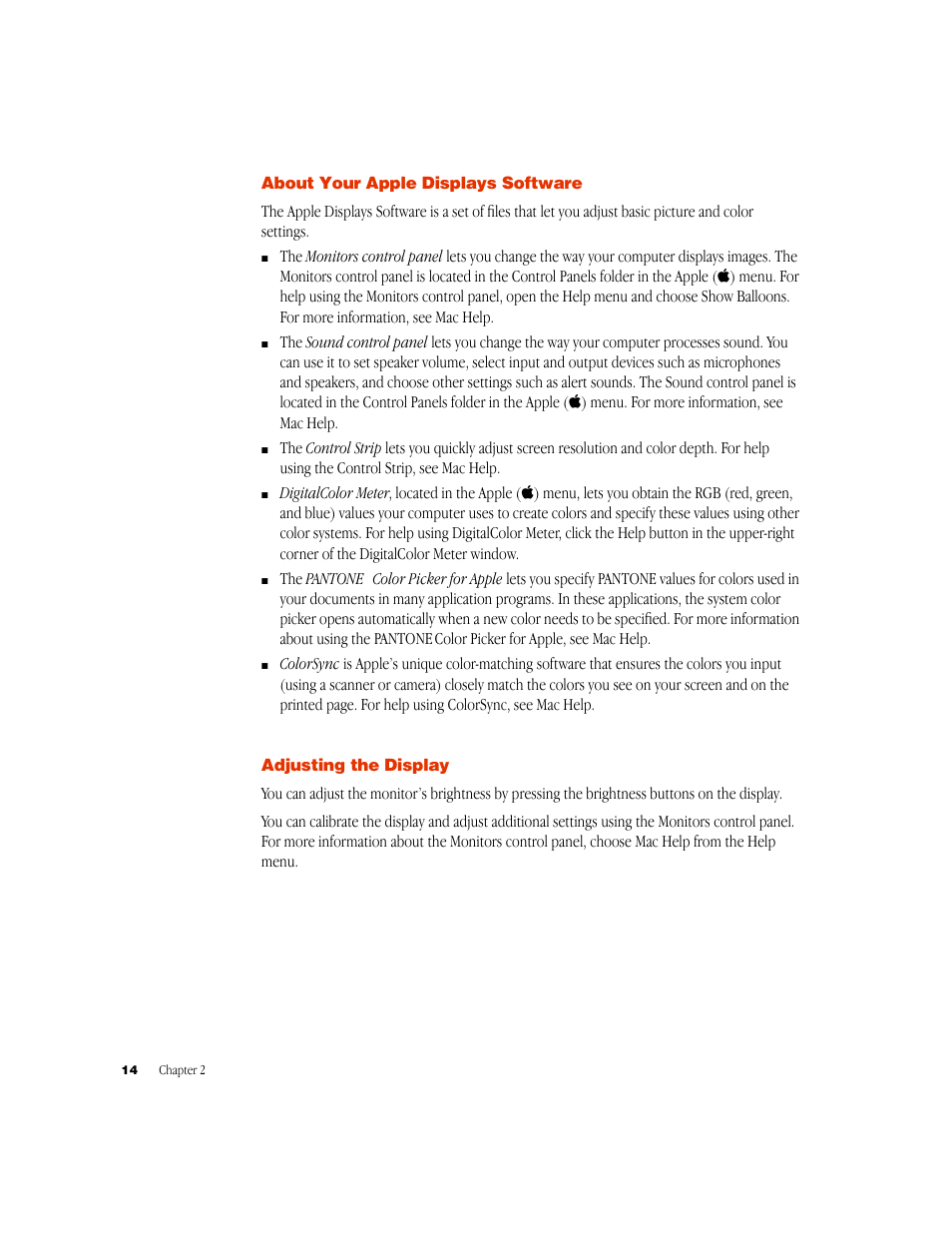 About your apple displays software, Adjusting the display | Apple Studio Display 15-inch flat panel monitor User Manual | Page 14 / 38