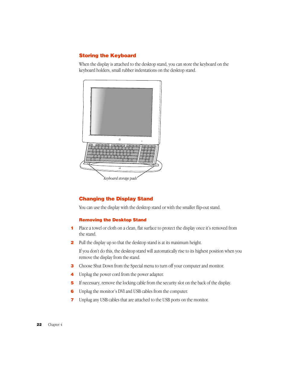 Storing the keyboard, Changing the display stand, Removing the desktop stand | Apple Studio Display 15-inch flat panel monitor User Manual | Page 22 / 38