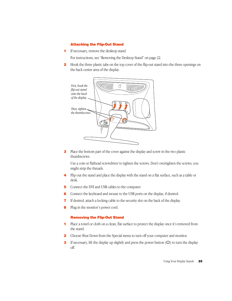 Attaching the flip-out stand, Removing the flip-out stand | Apple Studio Display 15-inch flat panel monitor User Manual | Page 25 / 38