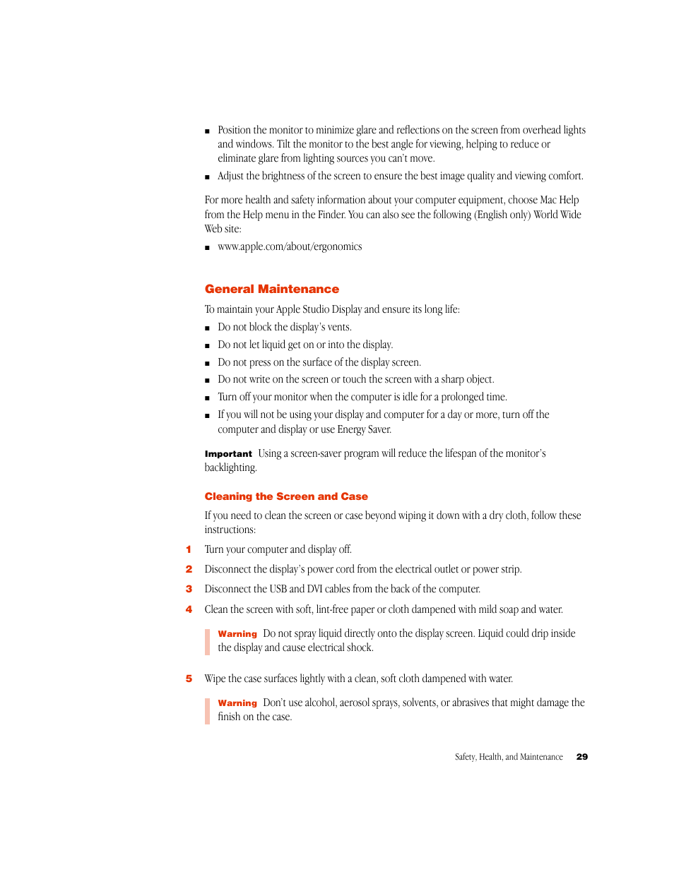 General maintenance, Cleaning the screen and case | Apple Studio Display 15-inch flat panel monitor User Manual | Page 29 / 38