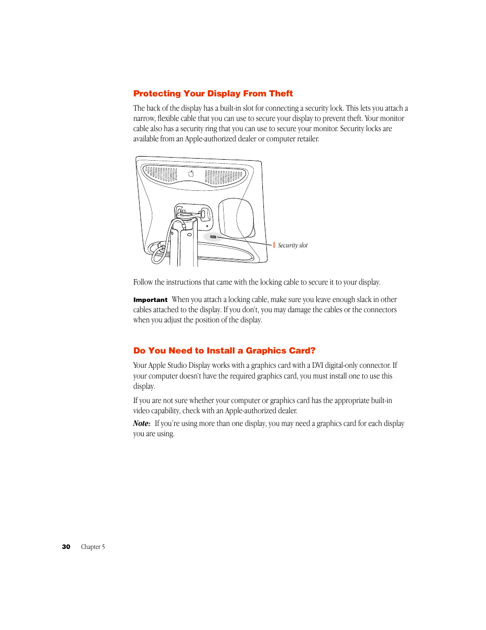 Protecting your display from theft, Do you need to install a graphics card | Apple Studio Display 15-inch flat panel monitor User Manual | Page 30 / 38