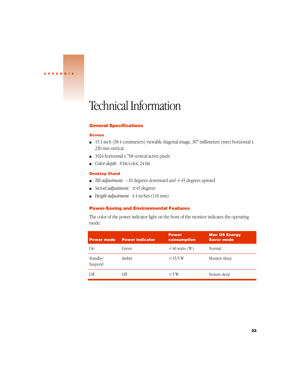 Technical information, General specifications, Power-saving and environmental features | Apple Studio Display 15-inch flat panel monitor User Manual | Page 33 / 38
