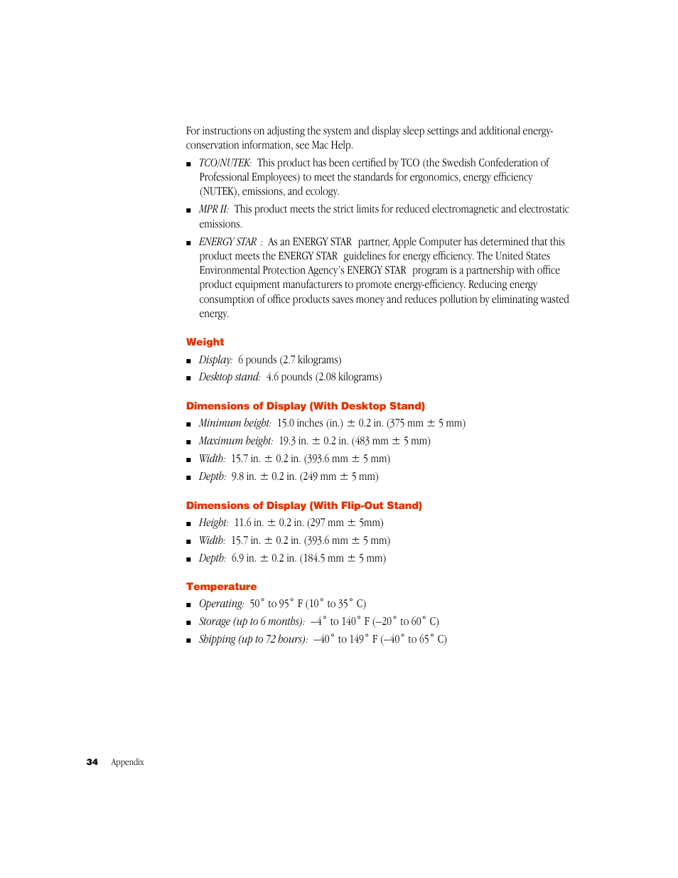 Weight, Dimensions of display (with desktop stand), Dimensions of display (with flip-out stand) | Temperature | Apple Studio Display 15-inch flat panel monitor User Manual | Page 34 / 38