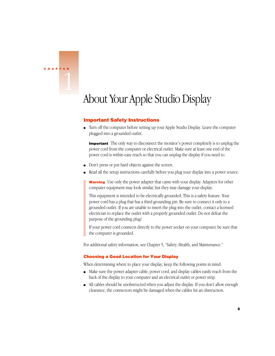 About your apple studio display, Important safety instructions, Choosing a good location for your display | Apple Studio Display 15-inch flat panel monitor User Manual | Page 5 / 38