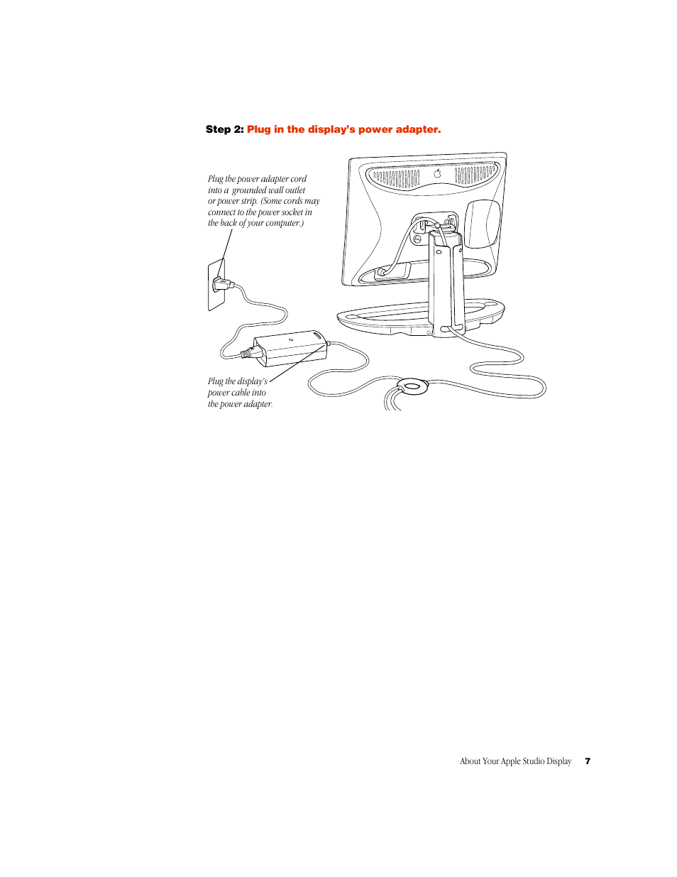 Step2: plug in the display’s power adapter | Apple Studio Display 15-inch flat panel monitor User Manual | Page 7 / 38