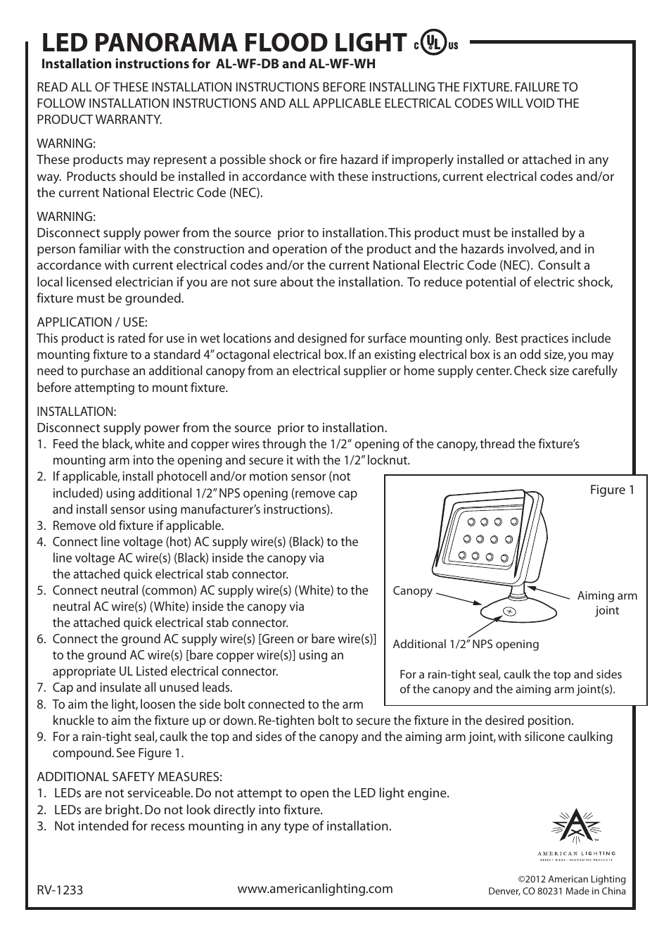 American Lighting AL-WF-WH User Manual | 2 pages