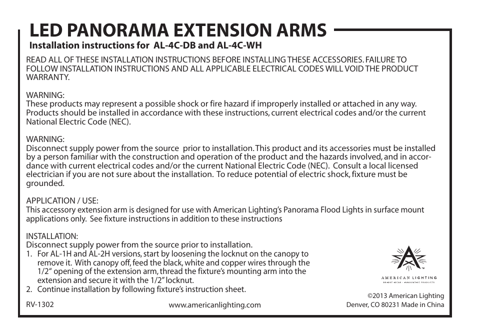 Led panorama extension arms | American Lighting AL-WF-WH User Manual | Page 2 / 2