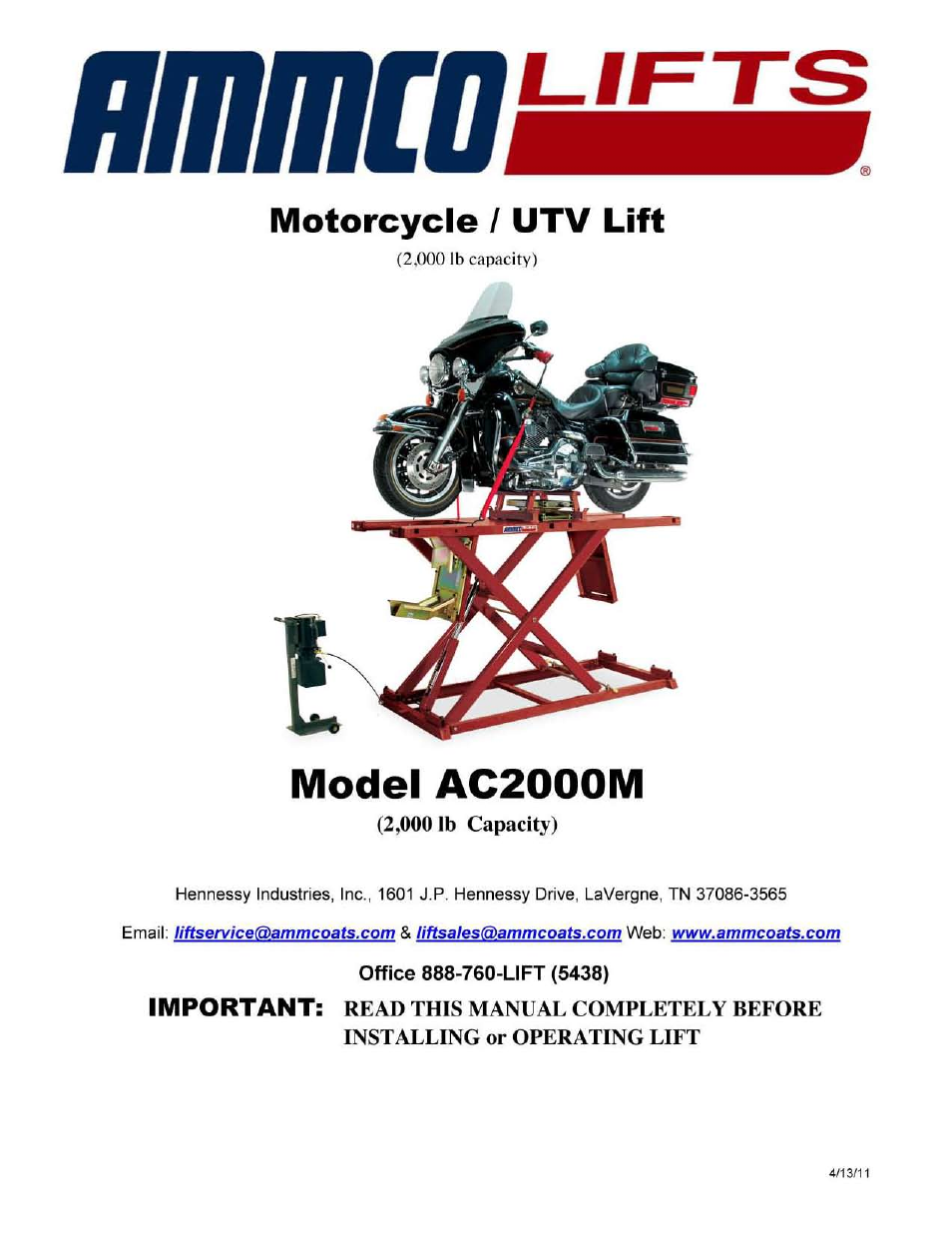 AMMCO AC2000M Motorcycle Lift User Manual | 22 pages