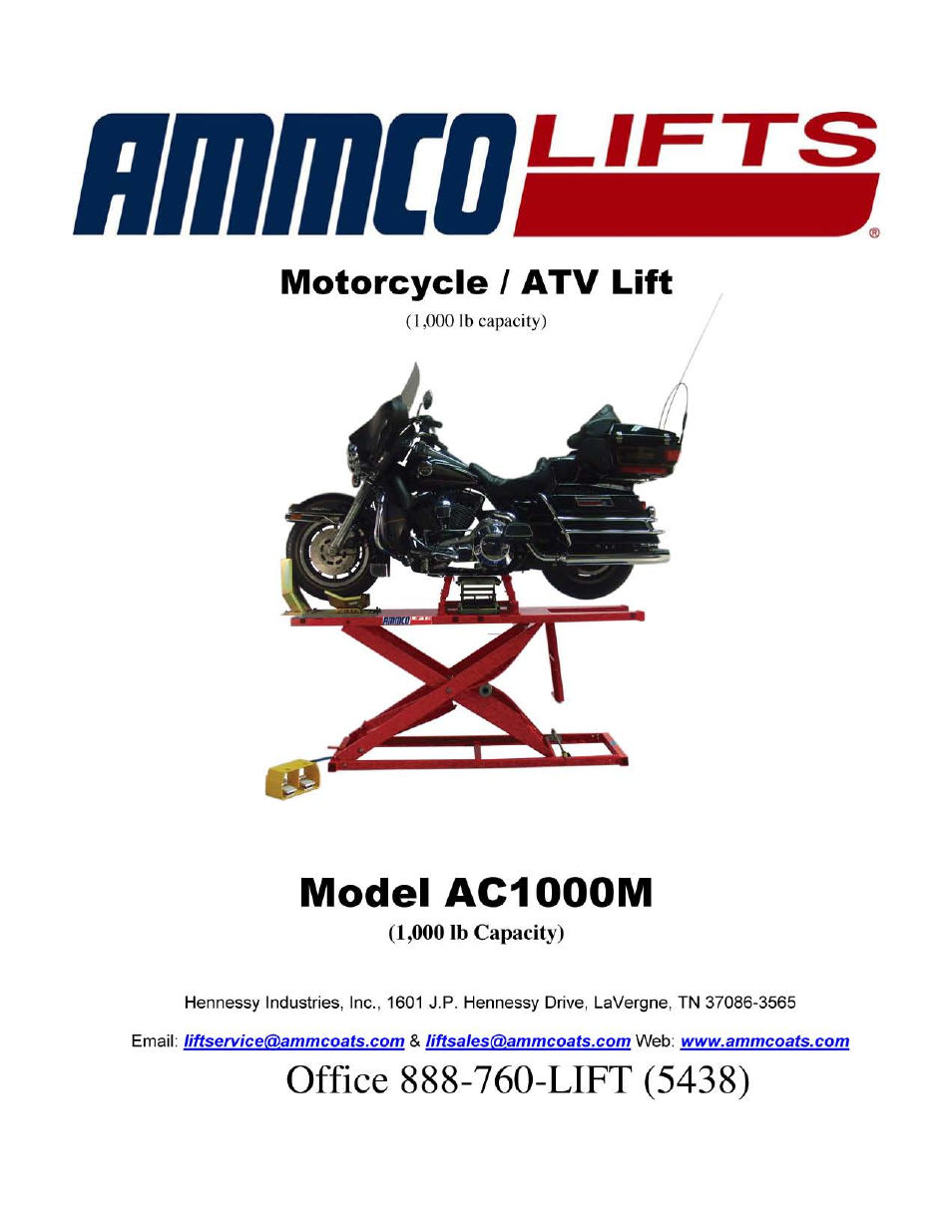 AMMCO AC1000M Motorcycle Lift User Manual | 20 pages