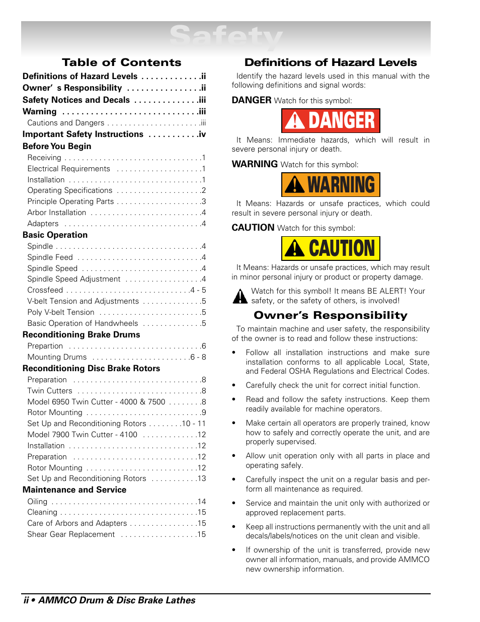 Safety, Danger warning caution | AMMCO 7700 Drum and Disc Brake lathe User Manual | Page 2 / 20