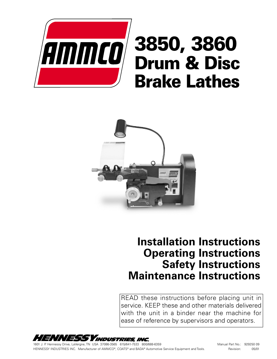 AMMCO 3860 Drum & Disc Brake Lathe User Manual | 24 pages