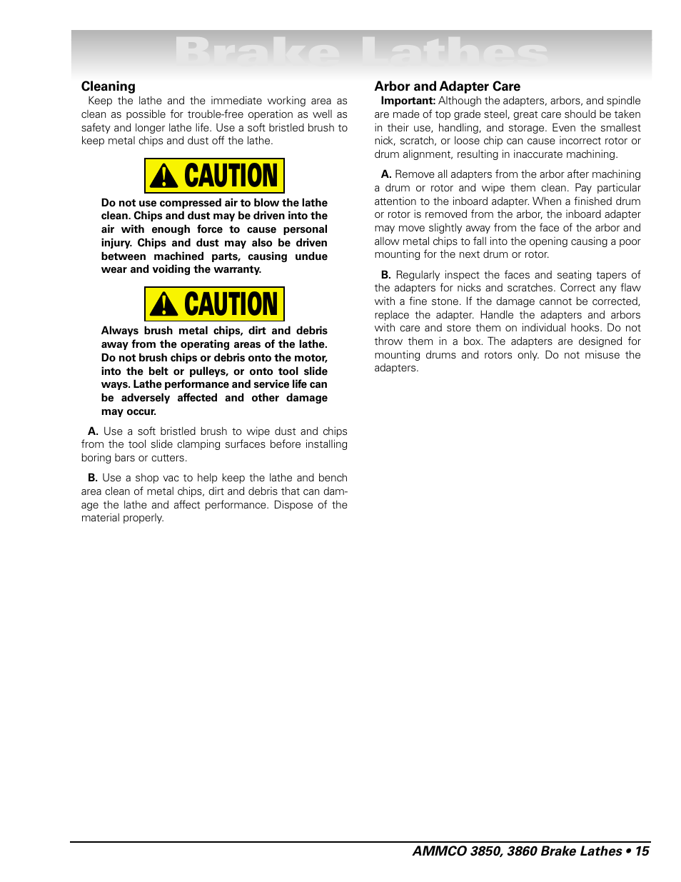 Brake lathes, Caution | AMMCO 3860 Drum & Disc Brake Lathe User Manual | Page 21 / 24