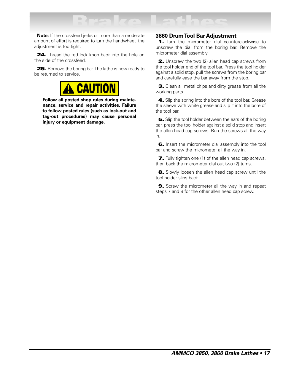 Brake lathes, Caution | AMMCO 3860 Drum & Disc Brake Lathe User Manual | Page 23 / 24