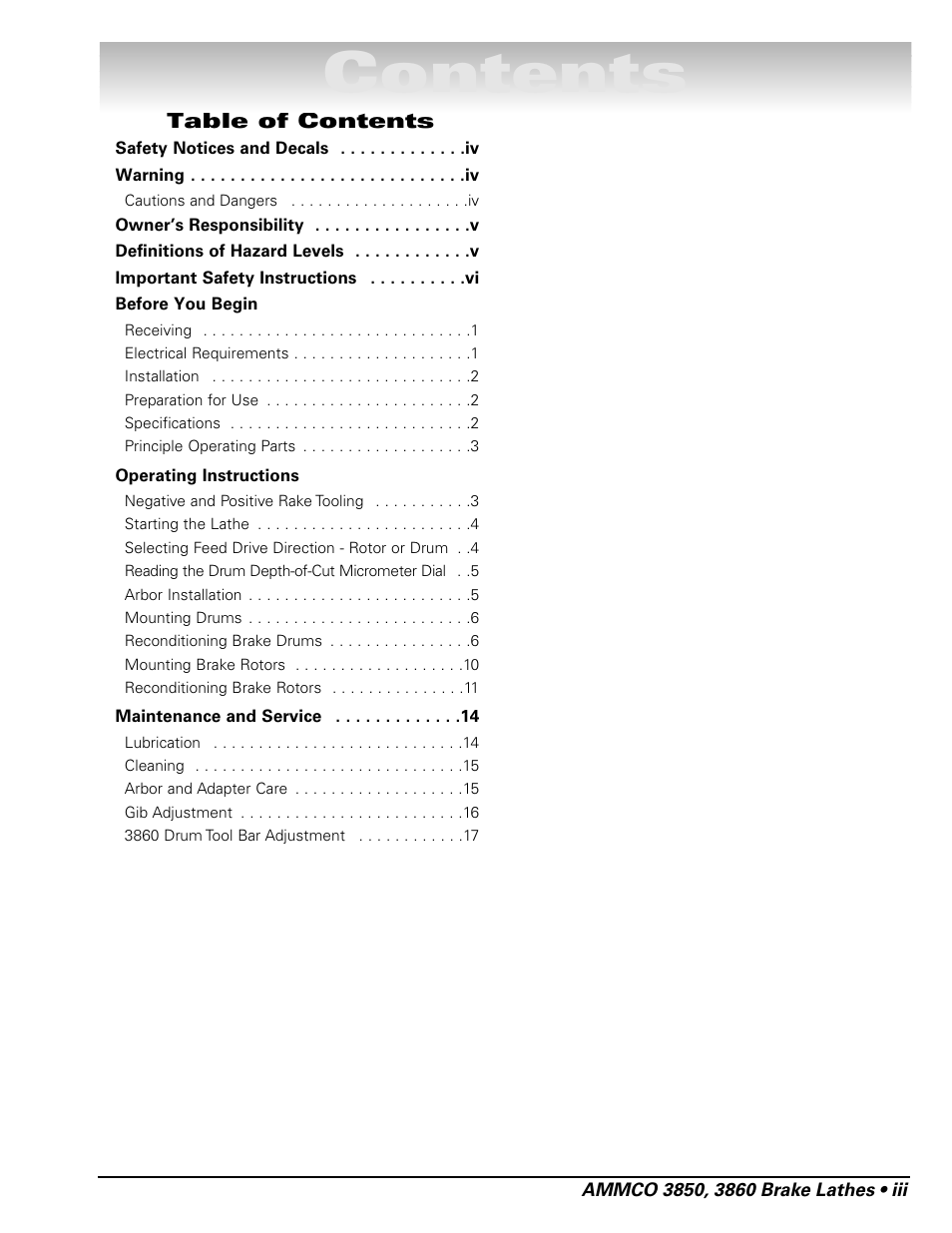 AMMCO 3860 Drum & Disc Brake Lathe User Manual | Page 3 / 24