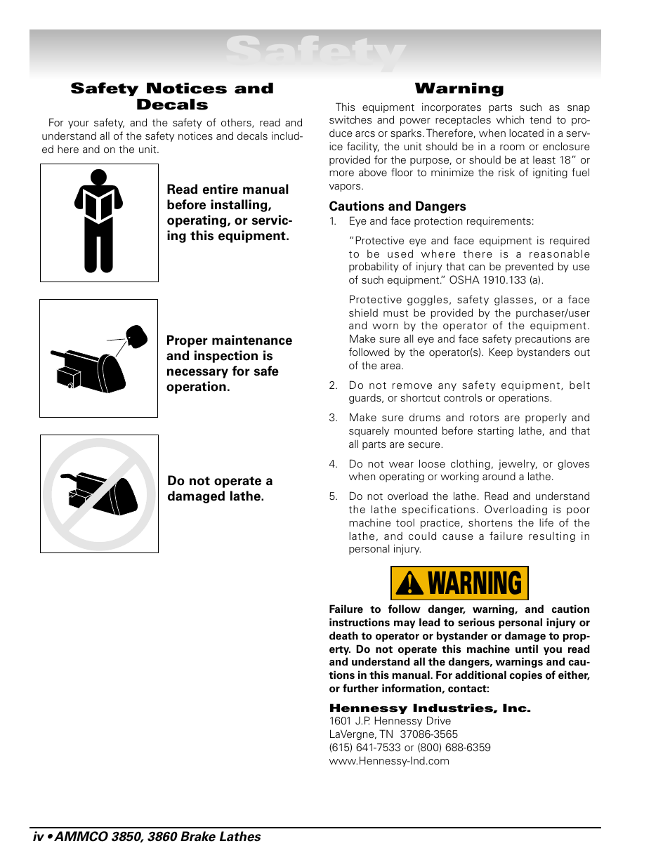 Safety, Warning | AMMCO 3860 Drum & Disc Brake Lathe User Manual | Page 4 / 24