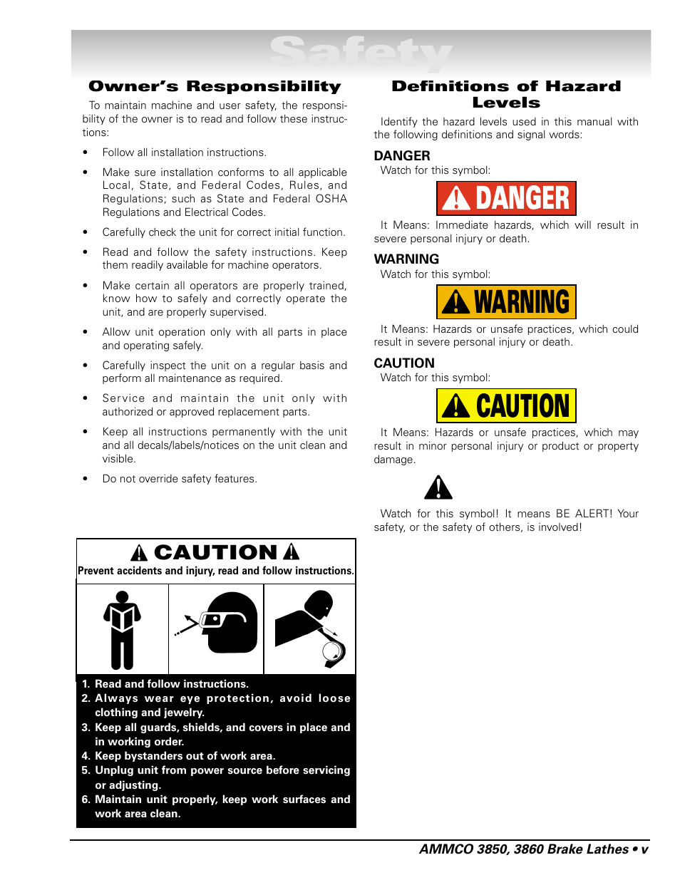 Safety, Caution warning danger, Caution | AMMCO 3860 Drum & Disc Brake Lathe User Manual | Page 5 / 24