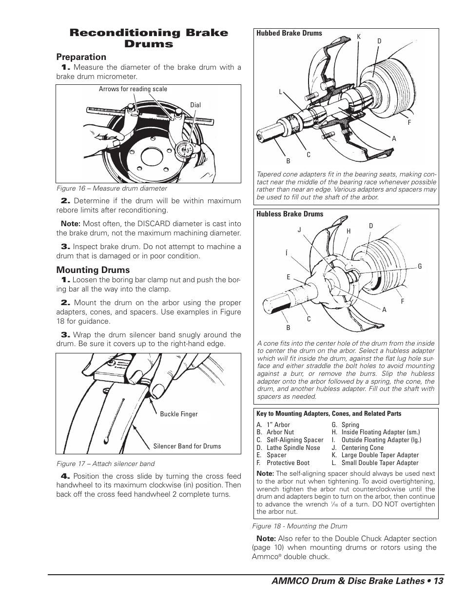 Reconditioning brake drums, Ammco drum & disc brake lathes • 13, Preparation | Mounting drums | AMMCO 4000E Drum and Disc Brake lathe User Manual | Page 15 / 20