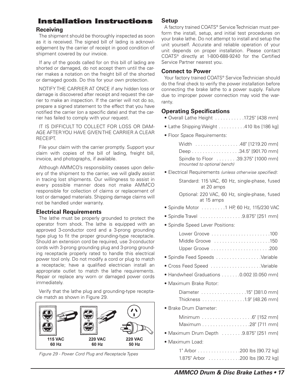 Installation instructions, Ammco drum & disc brake lathes • 17 | AMMCO 4000E Drum and Disc Brake lathe User Manual | Page 19 / 20