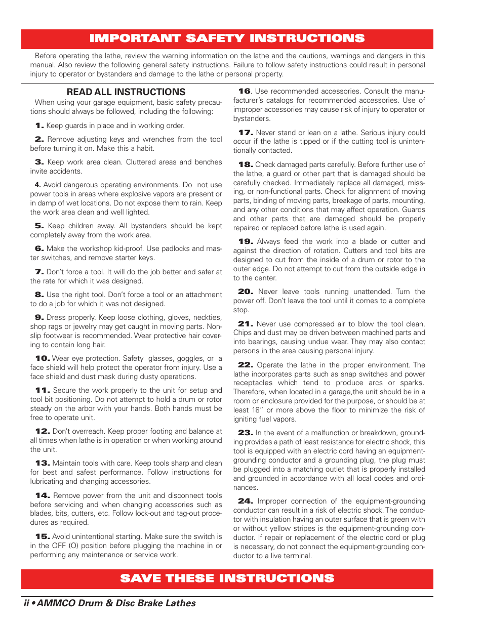 Ii • ammco drum & disc brake lathes, Read all instructions | AMMCO 4000E Drum and Disc Brake lathe User Manual | Page 2 / 20