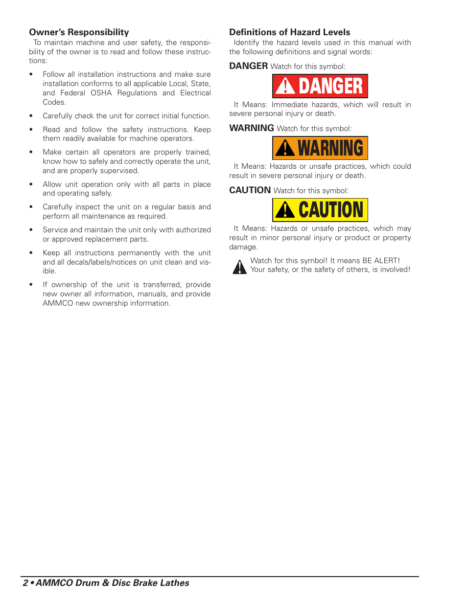 Caution warning danger | AMMCO 4000E Drum and Disc Brake lathe User Manual | Page 4 / 20