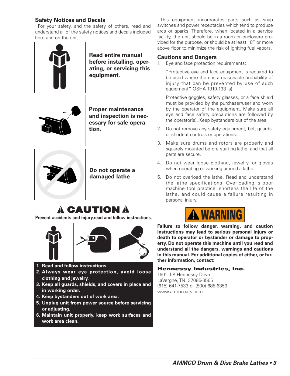 Warning, Caution | AMMCO 4000E Drum and Disc Brake lathe User Manual | Page 5 / 20