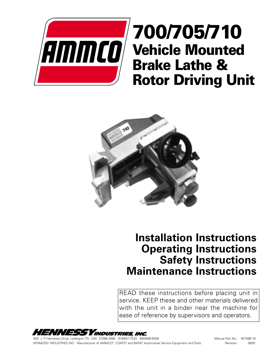 AMMCO 700 Vehicle Brake Lathe User Manual | 24 pages