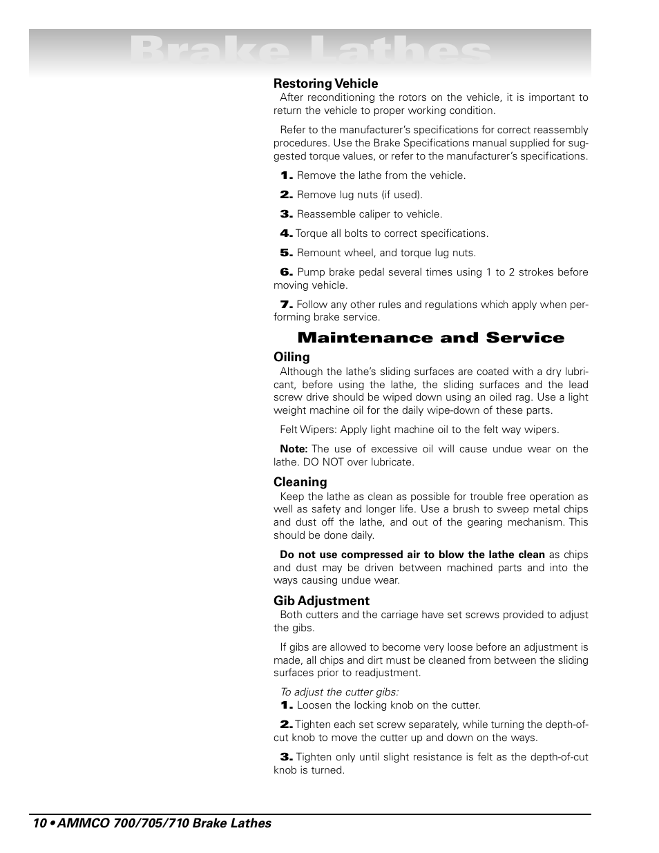 Brake lathes, Maintenance and service | AMMCO 700 Vehicle Brake Lathe User Manual | Page 16 / 24