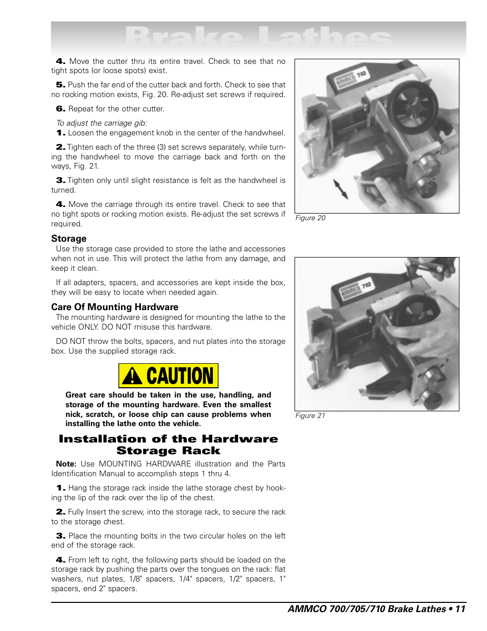 Brake lathes, Caution, Installation of the hardware storage rack | AMMCO 700 Vehicle Brake Lathe User Manual | Page 17 / 24