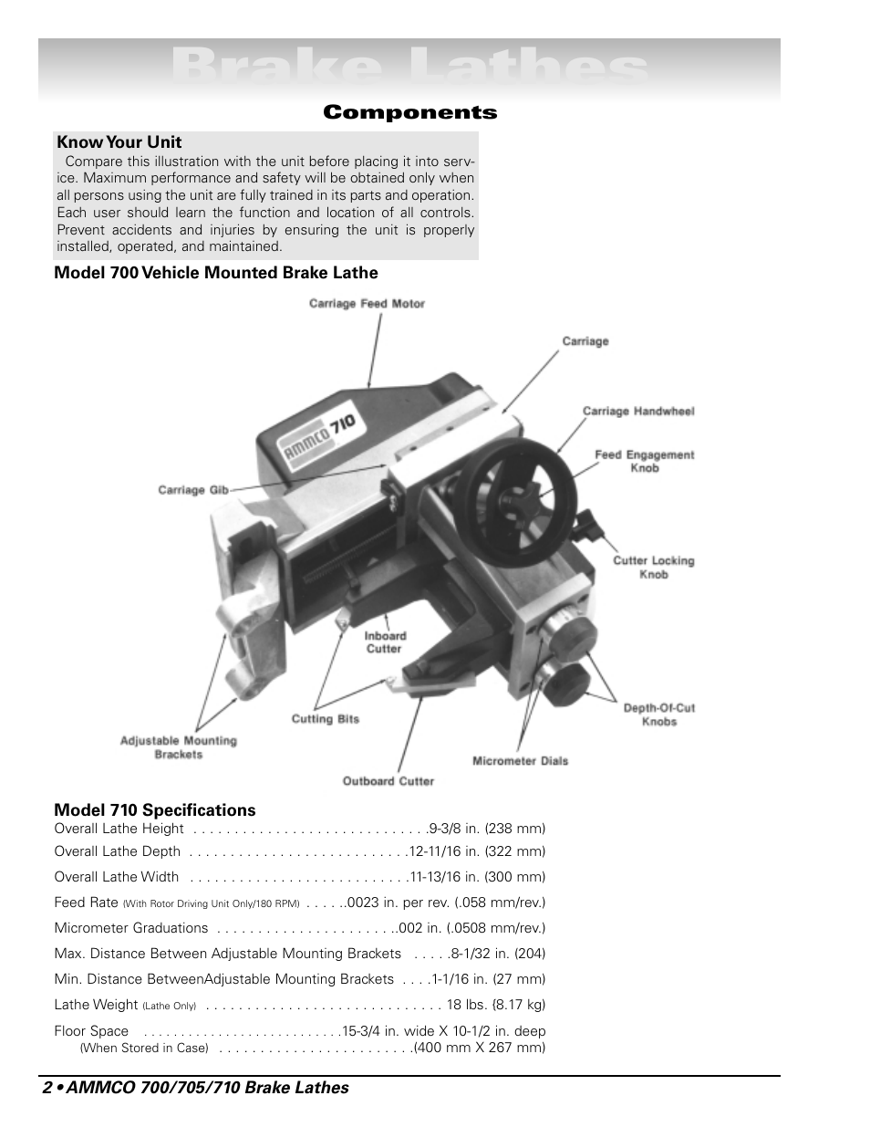 Brake lathes, Components | AMMCO 700 Vehicle Brake Lathe User Manual | Page 8 / 24