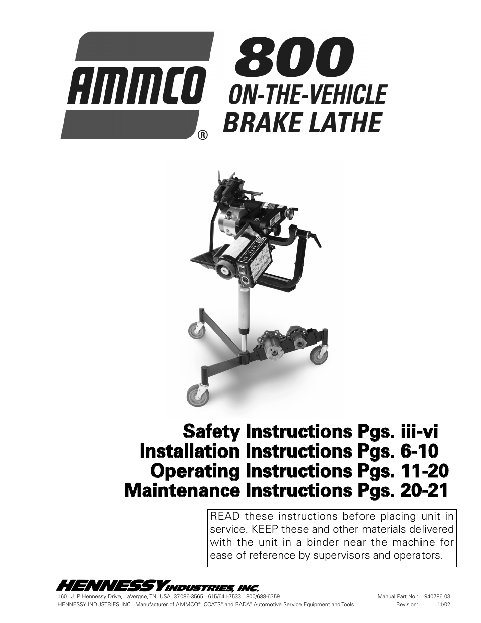 AMMCO 800 On-The-Vehicle Brake Lathe User Manual | 28 pages