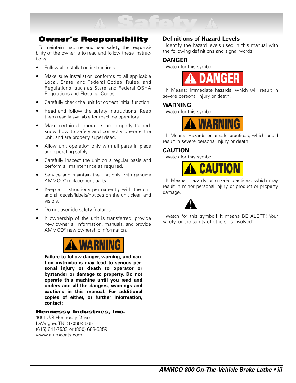 Ssa af fe et ty y, Caution warning danger warning | AMMCO 800 On-The-Vehicle Brake Lathe User Manual | Page 3 / 28