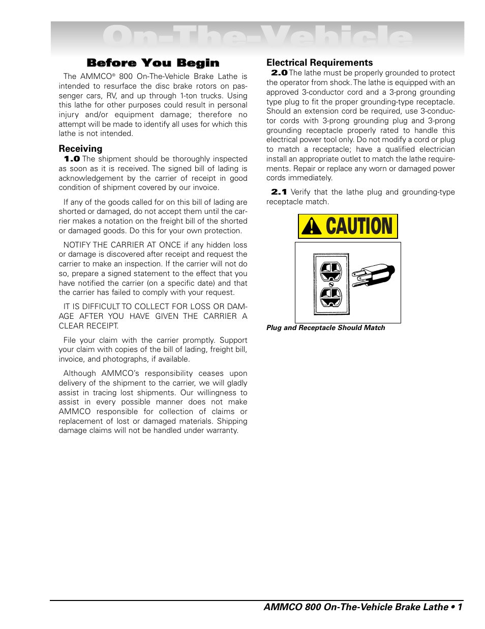 Oon n- -t th he e- -v ve eh hiic clle e, Caution | AMMCO 800 On-The-Vehicle Brake Lathe User Manual | Page 7 / 28