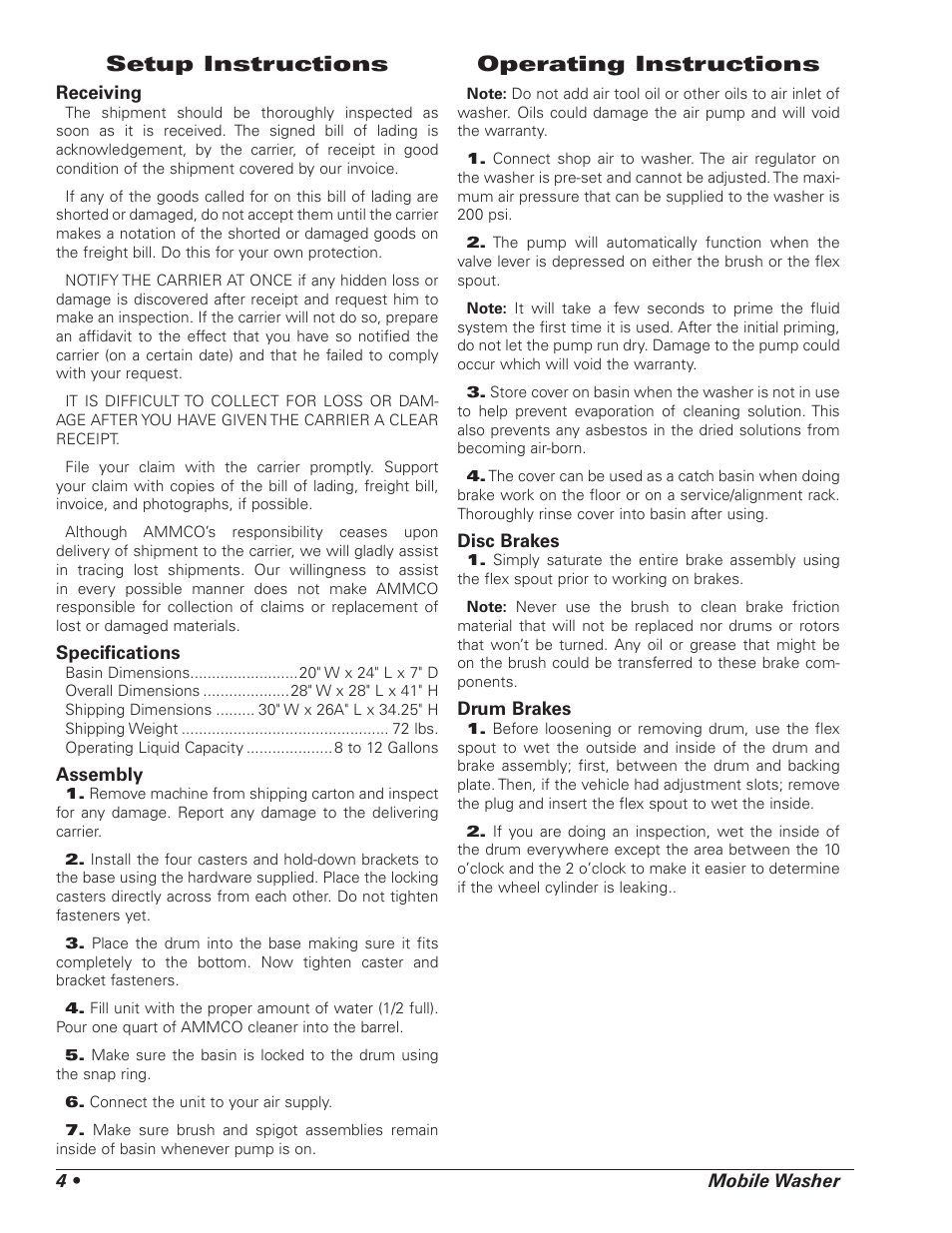 Setup instructions, Operating instructions | AMMCO 1475 Mobile Washer User Manual | Page 4 / 8
