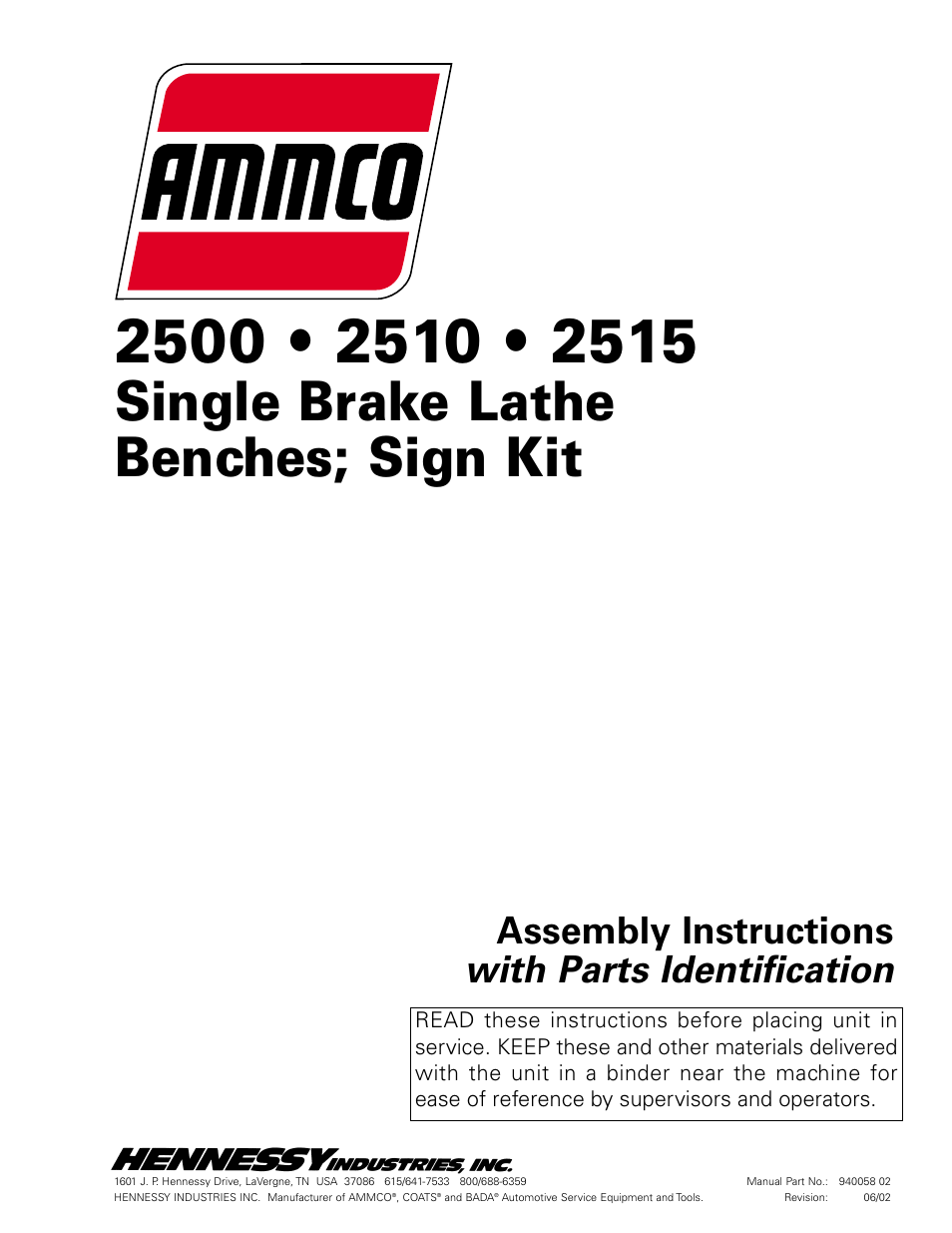 AMMCO 2515 Brake Lathe Bench and Sign User Manual | 4 pages