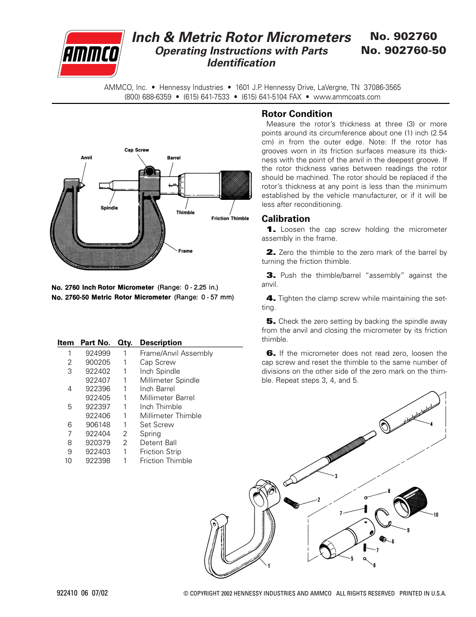 AMMCO 2760, 2760-50, Inch & Metric Rotor Micrometers User Manual | 2 pages