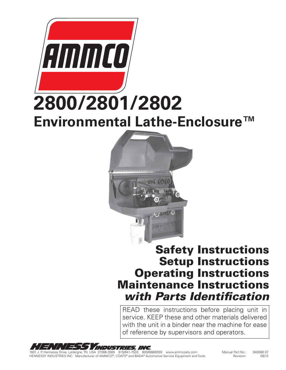 AMMCO 2800, 2801 Environmental Lathe-Enclosure User Manual | 20 pages