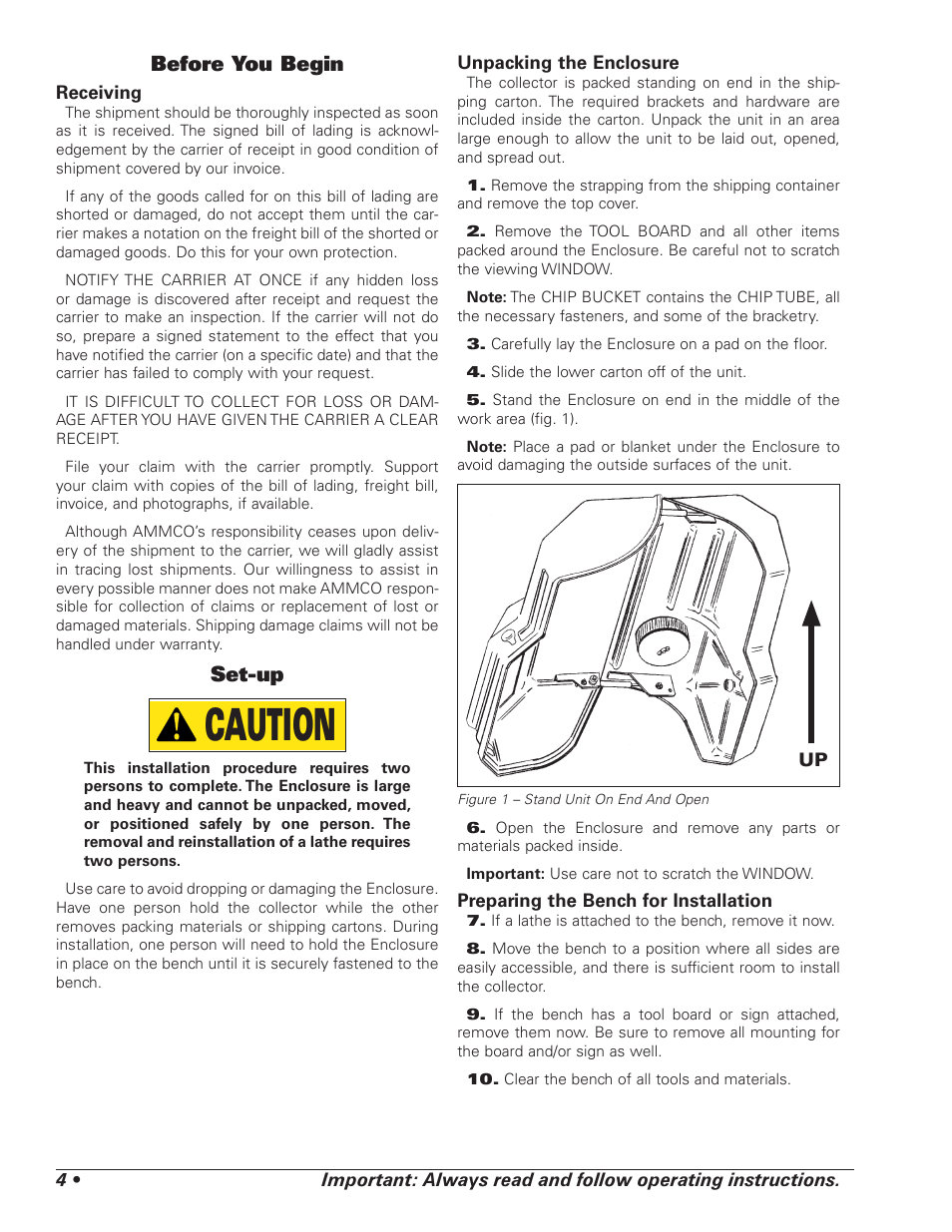 Caution, Before you begin, Set-up | AMMCO 2800, 2801 Environmental Lathe-Enclosure User Manual | Page 6 / 20