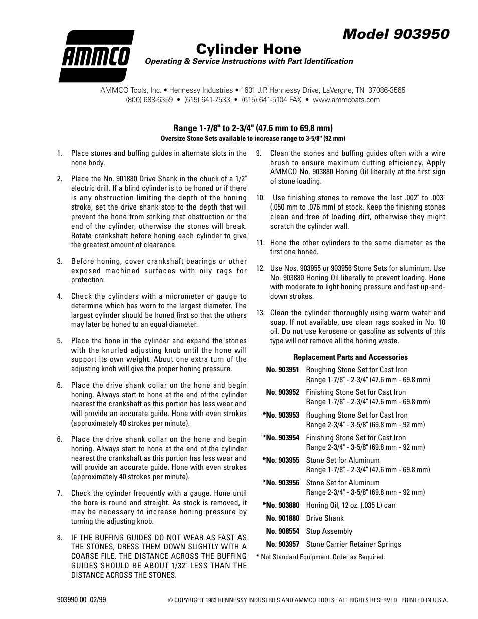 AMMCO 3950 Cylinder Hone User Manual | 1 page