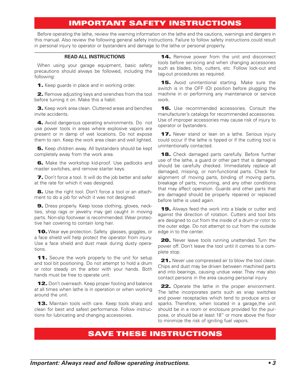 Important safety instructions, Save these instructions | AMMCO 40111 Environmental Lathe Enclosure Conversion Kit User Manual | Page 3 / 12