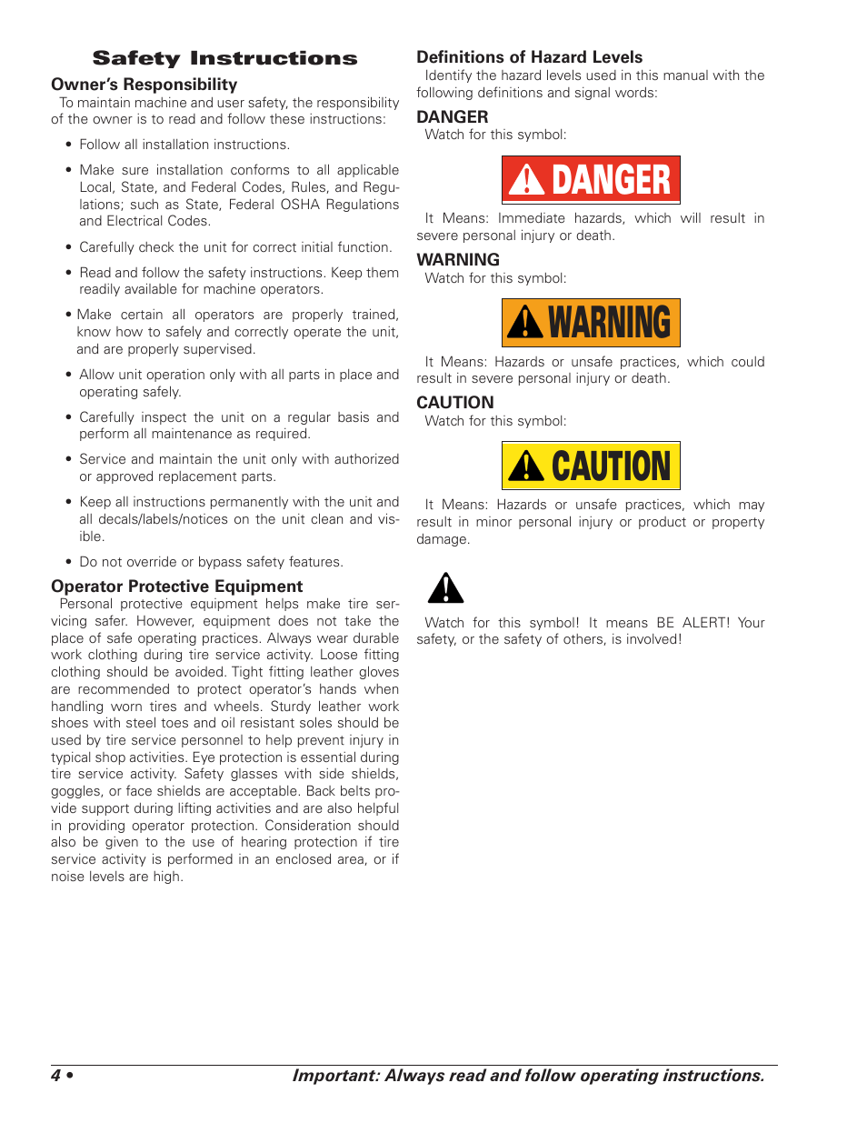 Warning, Danger, Caution | Safety instructions | AMMCO 40111 Environmental Lathe Enclosure Conversion Kit User Manual | Page 4 / 12