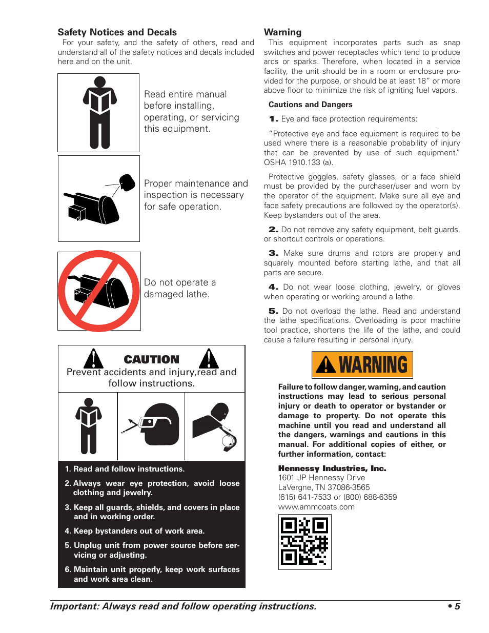 Warning, Caution | AMMCO 40111 Environmental Lathe Enclosure Conversion Kit User Manual | Page 5 / 12