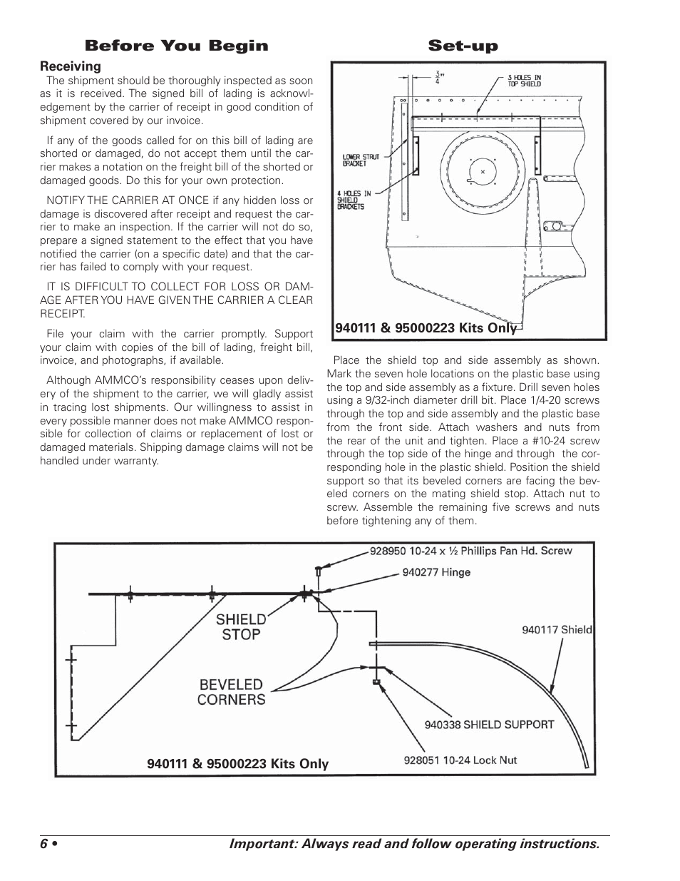 Before you begin, Set-up | AMMCO 40111 Environmental Lathe Enclosure Conversion Kit User Manual | Page 6 / 12