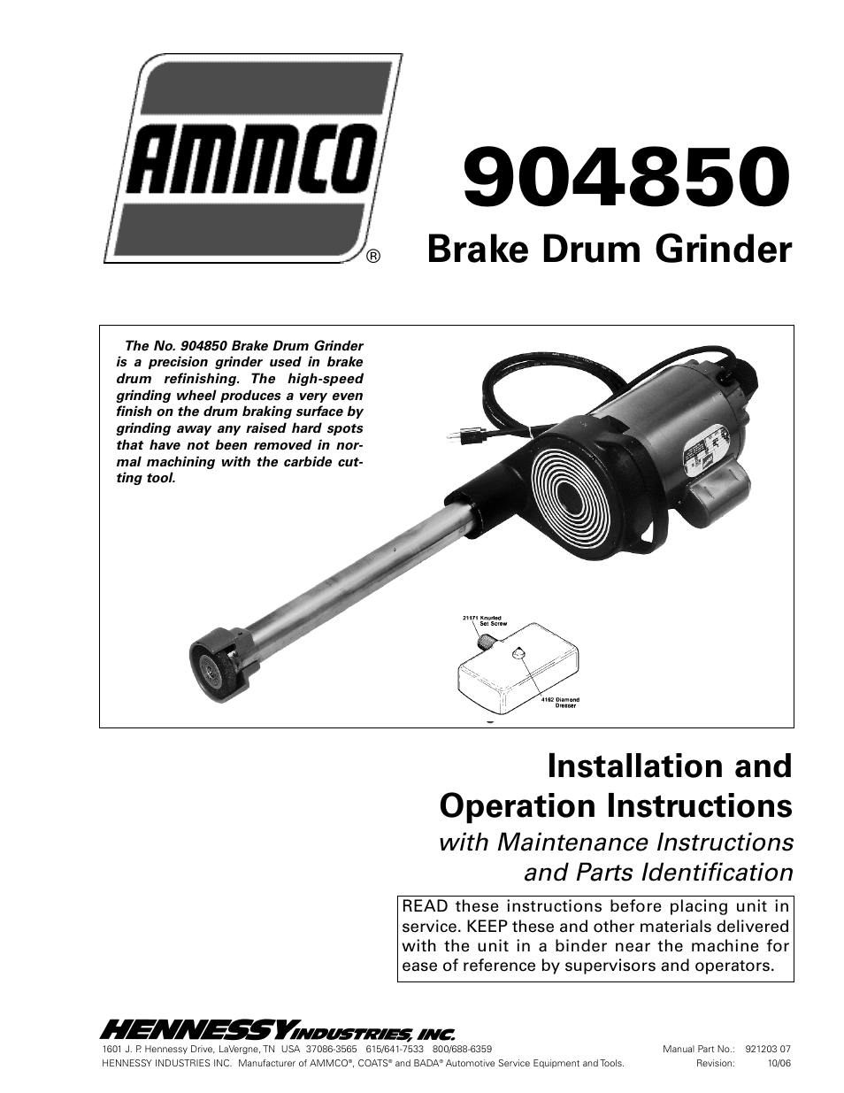 AMMCO 4850 Brake Drum Grinder User Manual | 4 pages