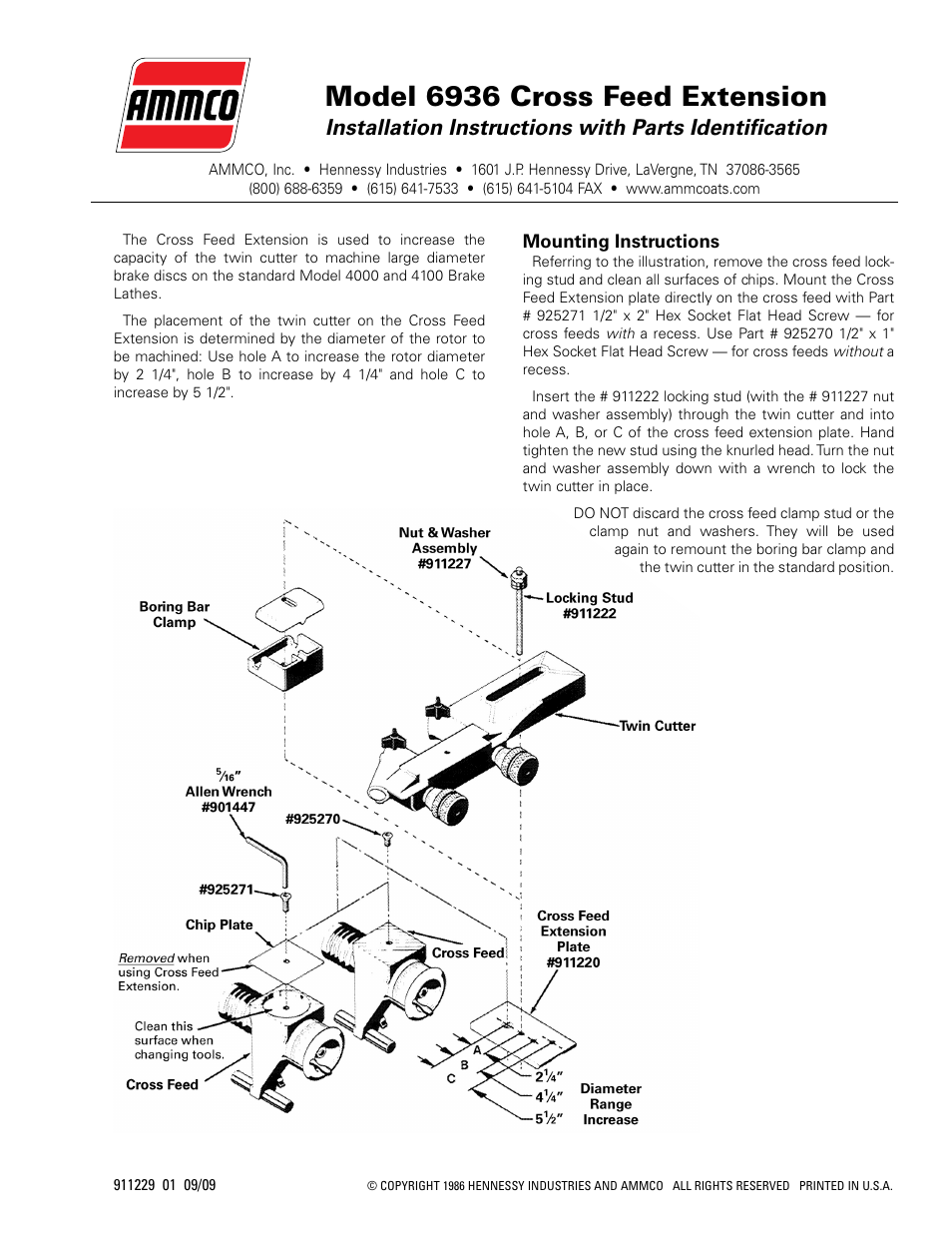 AMMCO 6936 Cross Feed Extension User Manual | 1 page