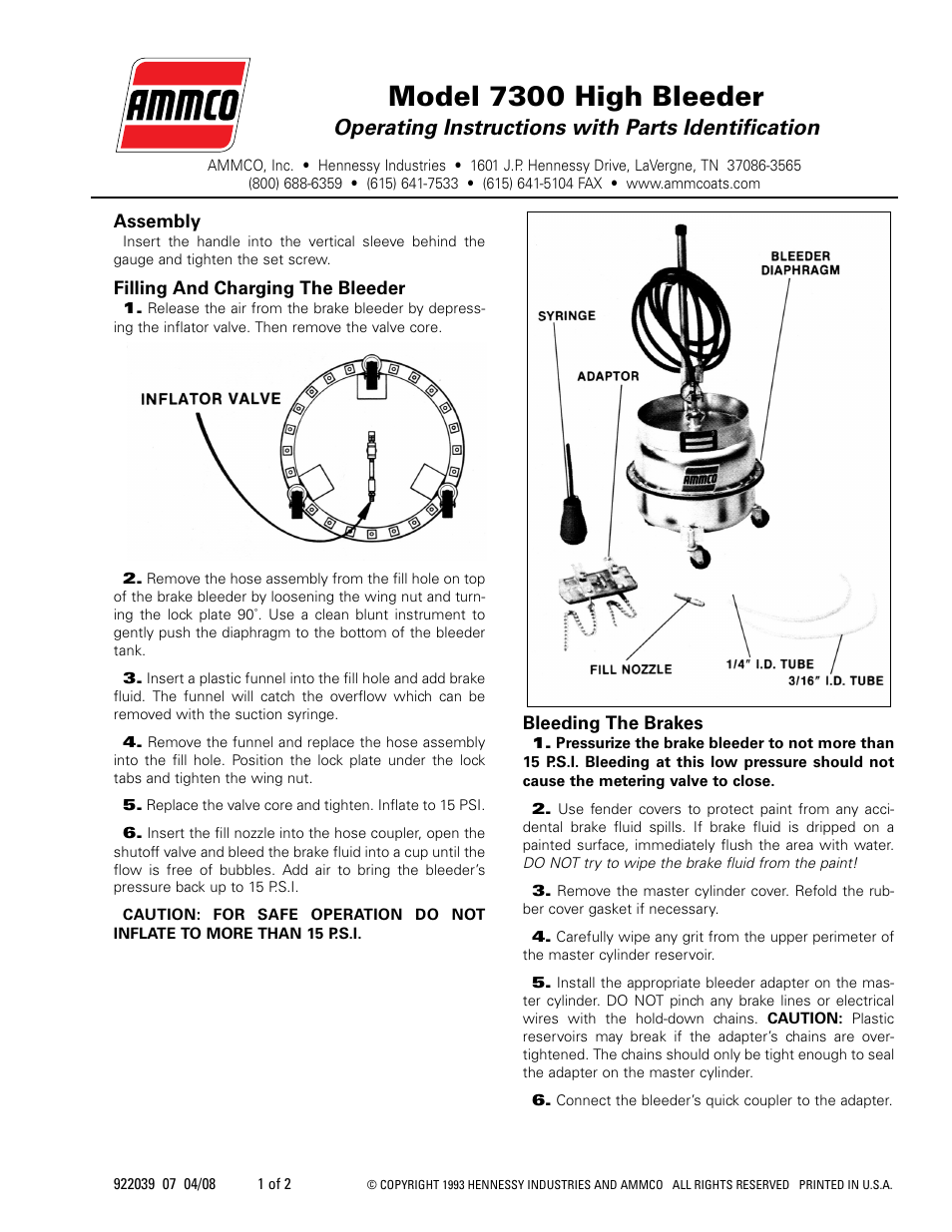 AMMCO 7300 Brake Bleeder User Manual | 2 pages