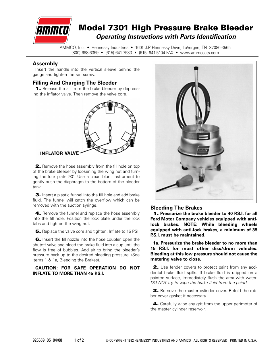 AMMCO 7301 High Pressure Brake Bleeder User Manual | 2 pages