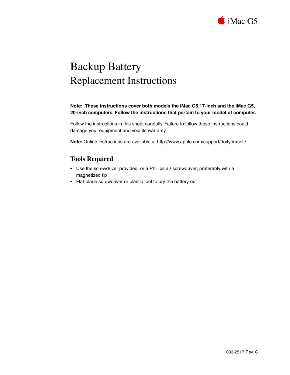 Apple iMac G5, 17-inch/20-inch (Backup Battery Replacement) User Manual | 18 pages