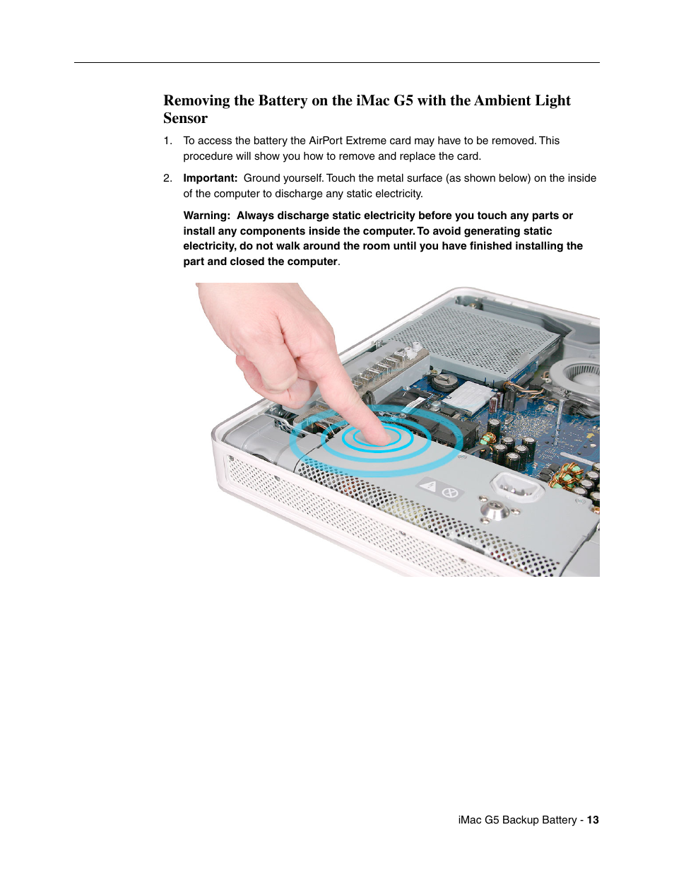 Apple iMac G5, 17-inch/20-inch (Backup Battery Replacement) User Manual | Page 13 / 18