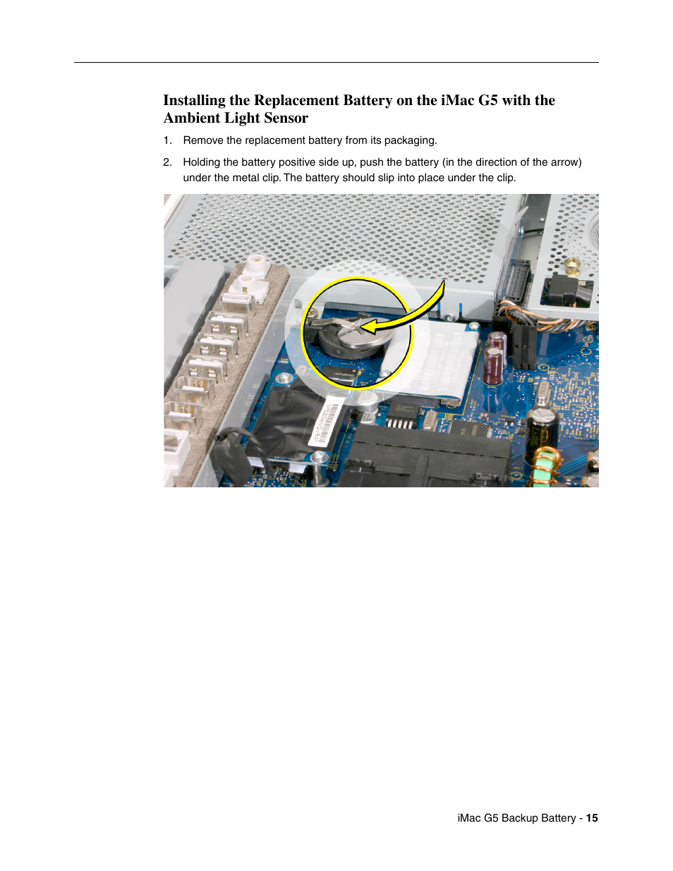 Apple iMac G5, 17-inch/20-inch (Backup Battery Replacement) User Manual | Page 15 / 18