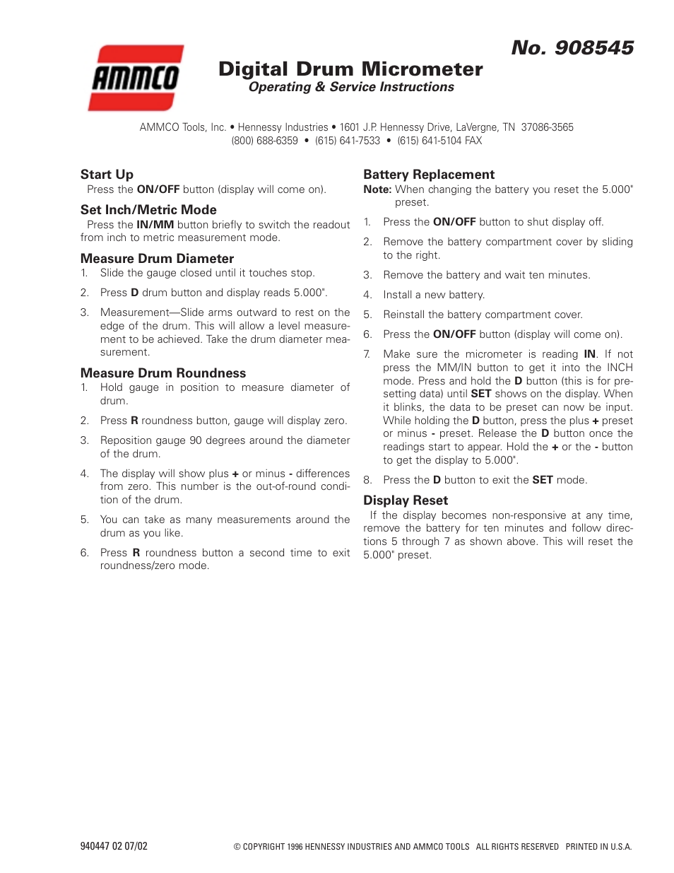 AMMCO 8545 Digital Drum Micrometer User Manual | 1 page